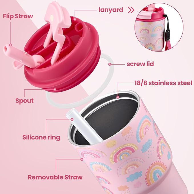 13.5oz Kids Insulated Tumbler with Lid and Straw, BPA-Free Stainless Steel Kids Water Bottle, Leak-Proof& Cupholder Friendly Tumbler for Boys & Girls -2 Pack(Rainbow+Horse) - Bloomnest