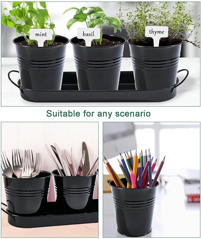 vensovo Indoor Herb Planter Set - Galvanized Windowsill Garden Pots with Tray & Drainage, Set of 3 Metal Window Planters for Kitchen & Outdoor Use, Black - Bloomnest