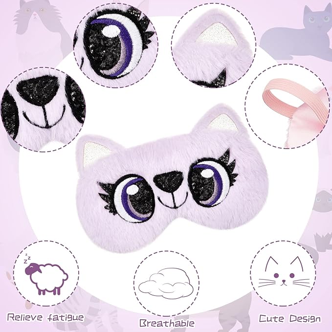3 Pieces Sleep Mask for Kids, Girls Plush Sleeping Eye Cover Soft Eye Blindfold Cover Animal Shade for Kids(Purple, Big Eyes Style) - Bloomnest