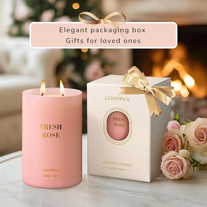 Goodpick Fresh Rose Candles for Women, Pink Candle, Soy Wax 22oz Large 120 Hours Burning, Aromatherapy Candles - Bloomnest