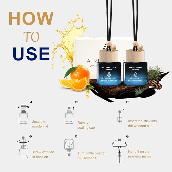Car Air Fresheners (Woody Citrus) 2 Pack - Air Fresheners for Car Made in USA, Hanging Car Air Freshner with Anti-Leak Stick, Car Freshners Long Lasting (0.27 FL OZ x2) - Bloomnest
