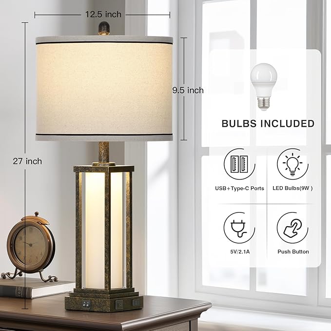 27" Tall Vintage Table Lamp with USB C+A & Outlet,Bronze Industrial End Table Lamp for Living Room,Farmhouse Rustic Bedside Lamp with Frosted Glass Night Light for Bedroom Nightstand,Bronze-1P - Bloomnest