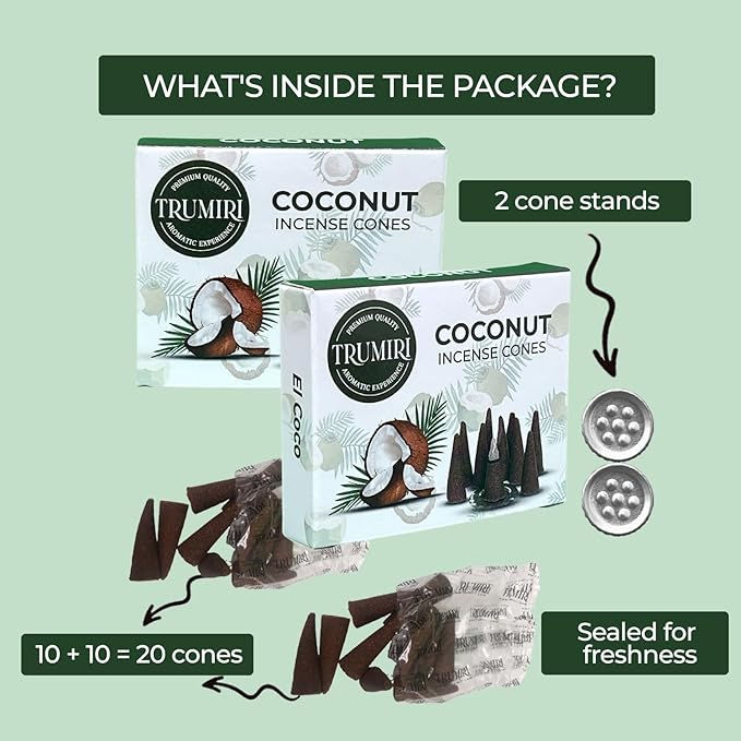 Coconut Incense - Total 20 Cones - Dual Pack of 10 - Scented TRUMIRI