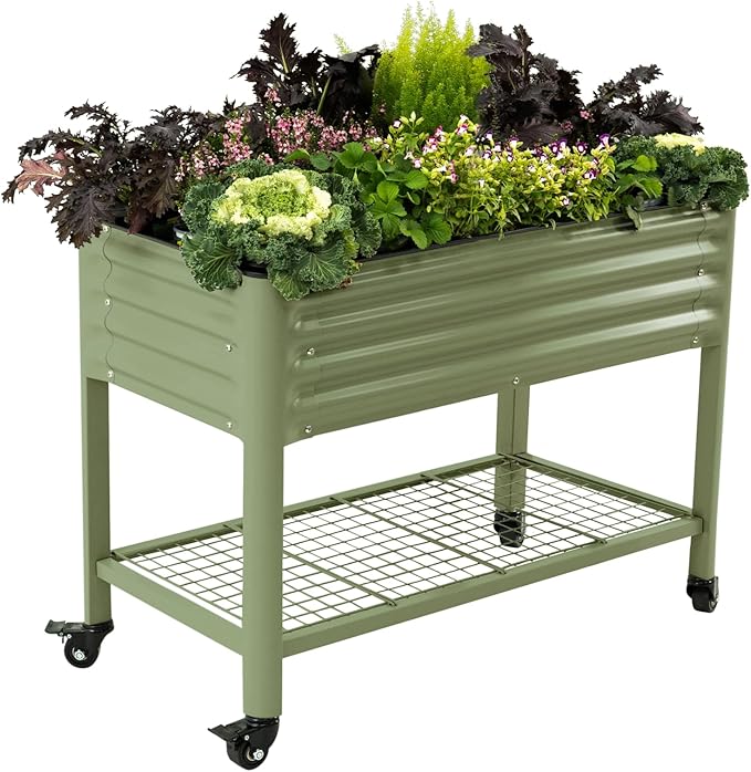 Rolling Elevated Raised Garden Bed-V Series, 2' x 4' Garden Beds with Legs & Storage Rack for Patio & Porch, 700 Lbs Weight Capacity, Outdoor Planter Box for Vegetables Flower Herbs, Olive Green - Bloomnest