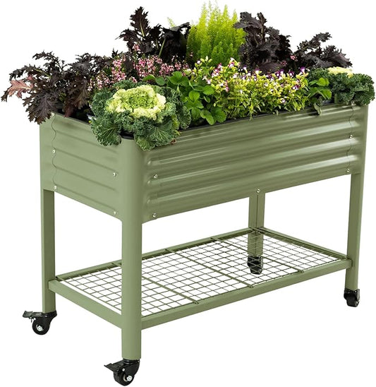Rolling Elevated Raised Garden Bed-V Series, 2' x 4' Garden Beds with Legs & Storage Rack for Patio & Porch, 700 Lbs Weight Capacity, Outdoor Planter Box for Vegetables Flower Herbs, Olive Green - Bloomnest