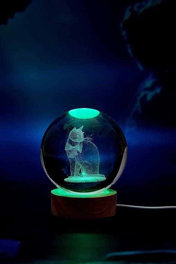 Cat Crystal Ball Lamp, 3.15 inch 3D K9 Crystal Ball Night Light with Wooden Base, 16 Color Change with Remote Control - Bloomnest