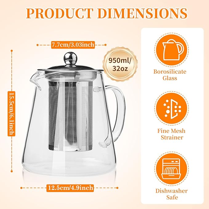 Glass Teapot with Stainless Steel Infuser, Borosilicate Tea Kettle, Clear Tea Maker for Loose Leaf Tea (950ML)