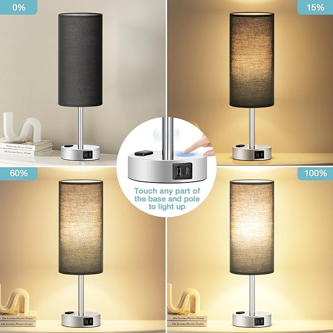 Black Bedroom Table Lamp for Bedside - 3 Way Dimmable Touch Lamp USB C A Charging Ports and AC Outlet, Small Desk Lamp for Nightstand for Living Room with Silver Base, Office Desk, LED Bulb Included - Bloomnest