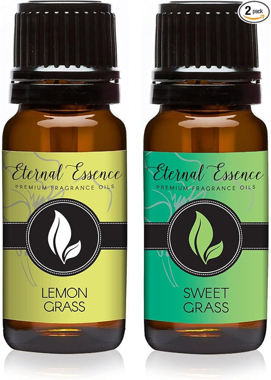Eternal Essence Oils 2 Pack 10ml Premium Fragrance Oil - Lemon Grass & Sweet Grass - for Candle, Soap Making, Aromatherapy, Diffusers, Home Care, & Humidifiers EternalEssenceOils