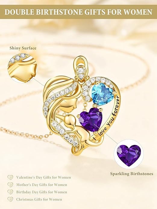 14K Gold Double Birthstone Heart Necklace for Women Mom, Mother Son/Daughter Pendant Necklace for Christmas Mother's Day Birthday Gifts for Wife Daughter Grandmom - Bloomnest