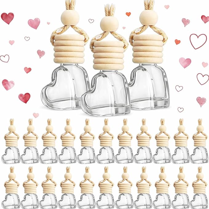 BBTO 100 Pcs 6ml Hanging Car Air Freshener Car Diffuser Bottle Empty Glass Perfume Heart LoveFreshener Bottle Diffuser Pendant Valentine's Day Essential Oil Fragrance Aromatherapy Decor (Clear) - Bloomnest