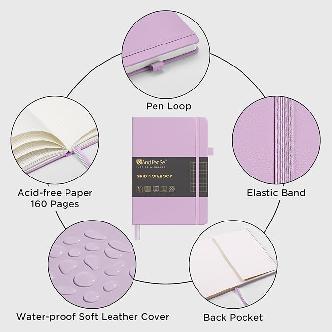 &And Per Se Graph Journal Notebook, 160 Pages, A5 5.7 x 8 inches 100 gsm Thick Paper Notebook Journals for Writing, Grid Hardcover Notebook(1 Pack, Lavender)