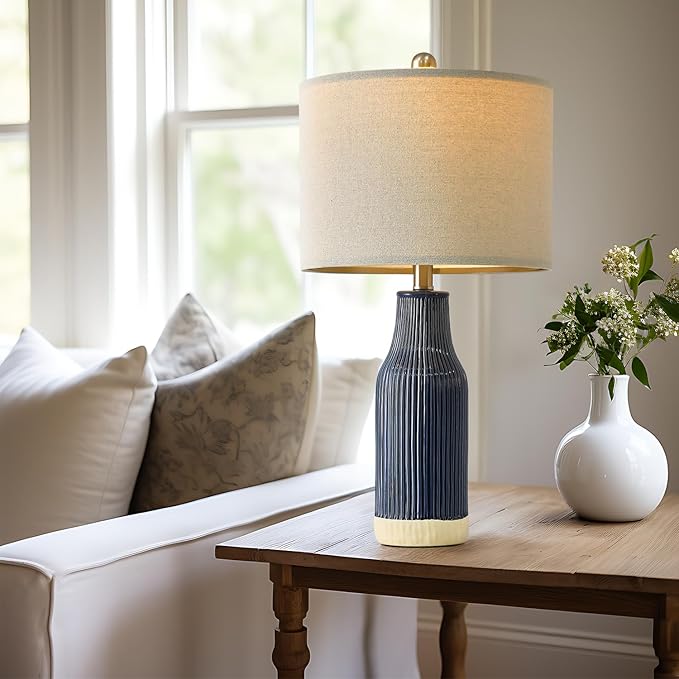 23.75" Modern Blue Ceramic Table Lamp Set of 2 for Living Room, Farmhouse Bedside Nightstand Lamp for Bedroom Home Office Dorm - Bloomnest
