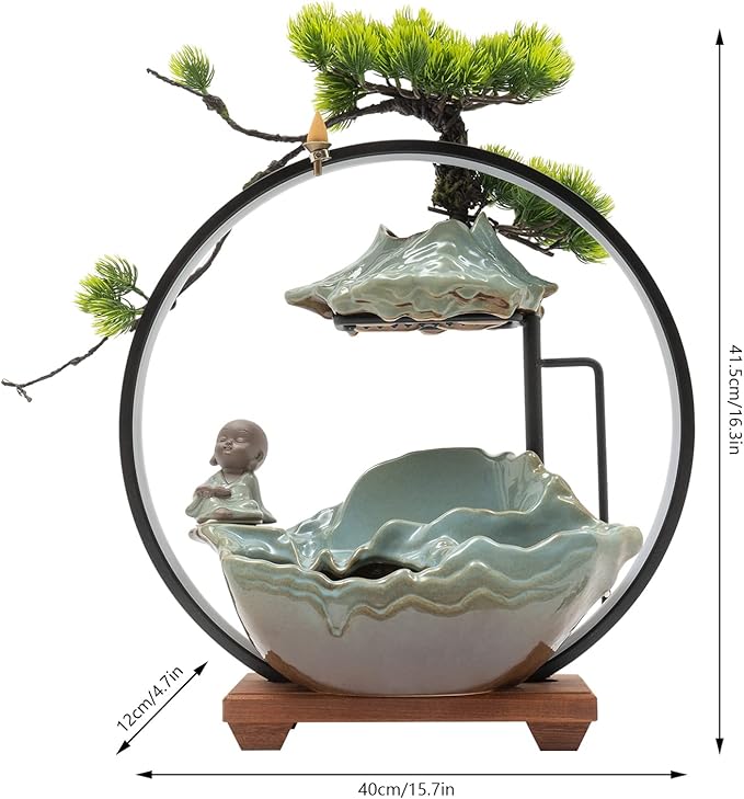 Tabletop Water Fountain, Indoor Waterfall with Round LED Light Ceramic Meditation Monk, Mist Maker and Incense Holder for Home Office Decor - Bloomnest