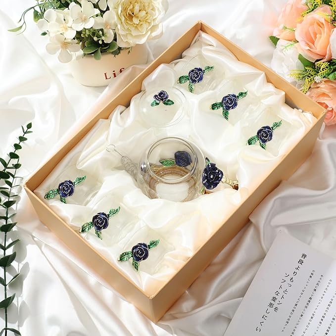 7 Pcs Floral Glass Tea Set Women Christmas Teapot Set for Adults Glass Tea Gift for Mom Party Mother's Day Birthday, Fancy Pot Cups with Gift Box(Blue) - Bloomnest