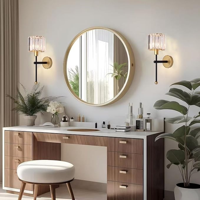 Modern Glass Crystal Wall Sconces Battery Operated Set of 2, Gold Rechargeable Wall Lights with Remote,Non Hardwired Clear Wall Lighting Fixture Black for Bedroom Bathroom Living Room Porch - Bloomnest