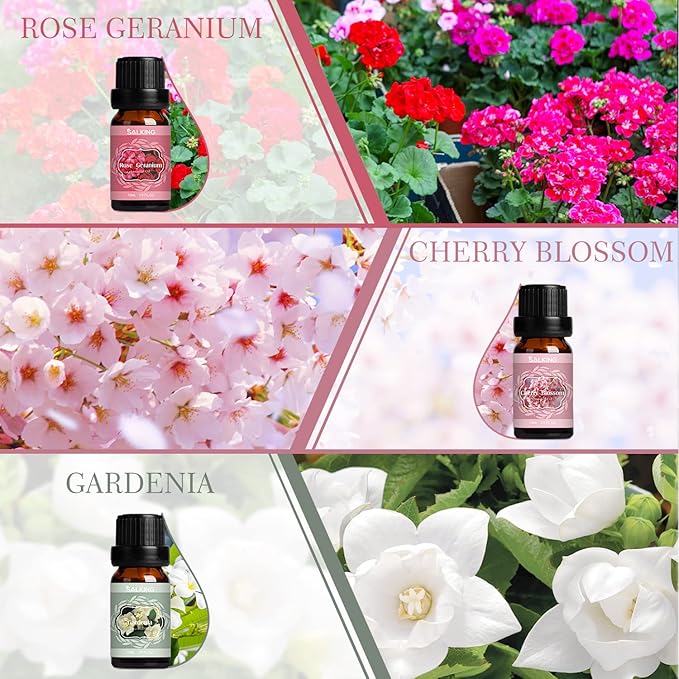 SALKING Spring Fragrance Oils Set, Premium Essential Oils Gift Set for Diffuser, Scented Oil for Soap & Candle Making - After Rain, Fresh Cut Grass, Sweet Pea, Rose Geranium, Cherry Blossom, Gardenia - Bloomnest