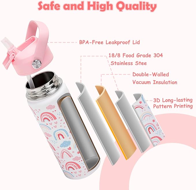18oz Kids Insulated Water Bottle with Straw Lid - 18/8 Stainless Steel Kid Cup BPA-FREE Travel Tumbler Double Wall Vacuum Leak Proof Portable Toddler Water Bottle(Rainbow) - Bloomnest