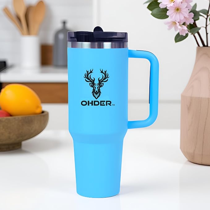 40 oz Tumbler with Handle and Straw | Vacuum Insulated Double Wall Stainless Steel Travel Mug | Leakproof, Hot and Cold | Cup Holder Friendly Base (Blue) - Bloomnest
