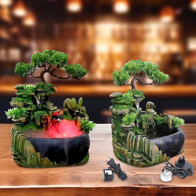 Tabletop Rockery Fountain Indoor Waterfall Bonsai Desktop Mini Rockery Water Fountain with Automatic Pump and LED Light, Home Office Bedroom Humidifier Desk Decorate (Style 1) - Bloomnest