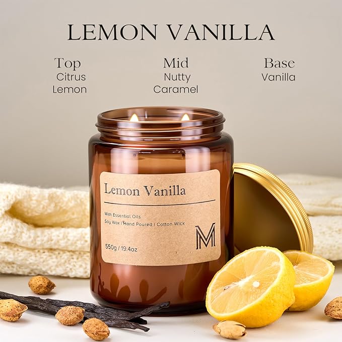 M&SENSE Lemon Vanilla Home Scented Candle | 19.4oz, 115-Hour Burn | Natural Organic Soy Wax | Long-Lasting for Stress Relief and Gifting | for Bedroom，Relaxing SPA，Office - Bloomnest