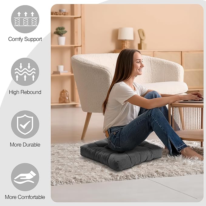 Floor Cushions for Adults Floor Pillows for Sitting Large Square Tufted Meditation Pillows Memory Foam 2 Pcs, 24" x 24", Dark Grey - Bloomnest