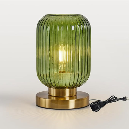 Mid Century Modern Table Lamp: Vintage Green Ribbed Glass Globe Dimmable Plug in Small Bedside Lamps - Cute Brass Gold Side Table Lamp Nightstand Light for Bedroom Entryway Office Desk Living Room - Bloomnest