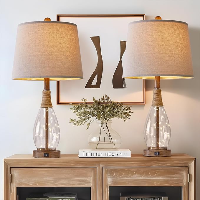 OYEARS Table Lamp Sets of 2,Lamps for Living Room,Bedside Lamps with USB A+C and Nightlight,Retro Farmhouse Rattan Glass,for Bedroom Living Room Bedroom,Two Light Points,23" - Bloomnest