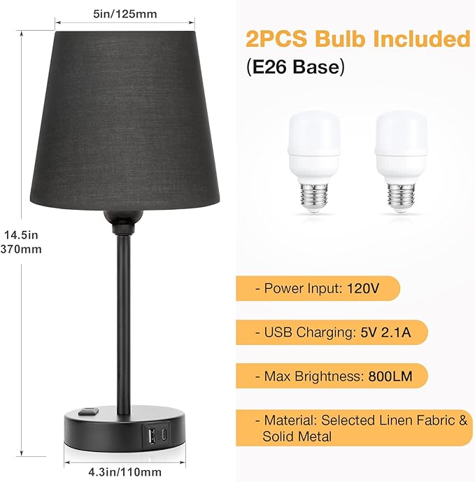 Acaxin Black Lamp for bedrooms Set of 2 - Nightstand Bedroom Lamp with USB C Port and AC Outlet Charging, 3 Way Dimmable Touch Control Bed Side Table Lamp, Small Night Stand Light for Men/Kids - Bloomnest