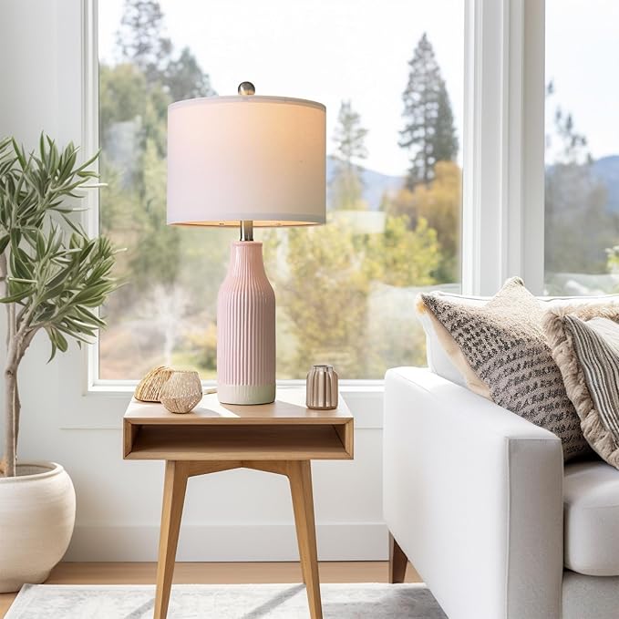 23.75inch Pink Modern Ceramic Bedside Lamp Set of 2 for Bedroom Decor Farmhouse Table Lamp for Living Room Office Dorm - Bloomnest