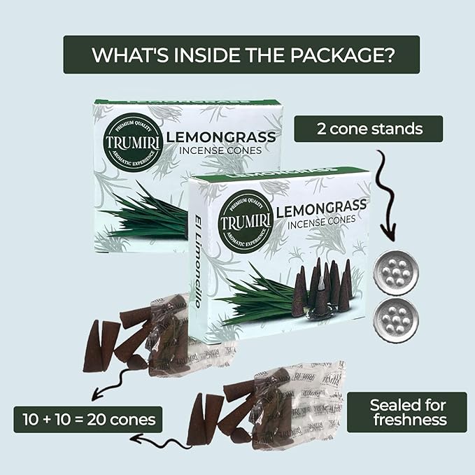 TRUMIRI Lemongrass Incense Cones - Total 20 Cone Incense - Dual Pack of 10 Insence Cones - Incense Cones Scented - Cone Incense Scents - Insense Cones - Incent Cone TRUMIRI