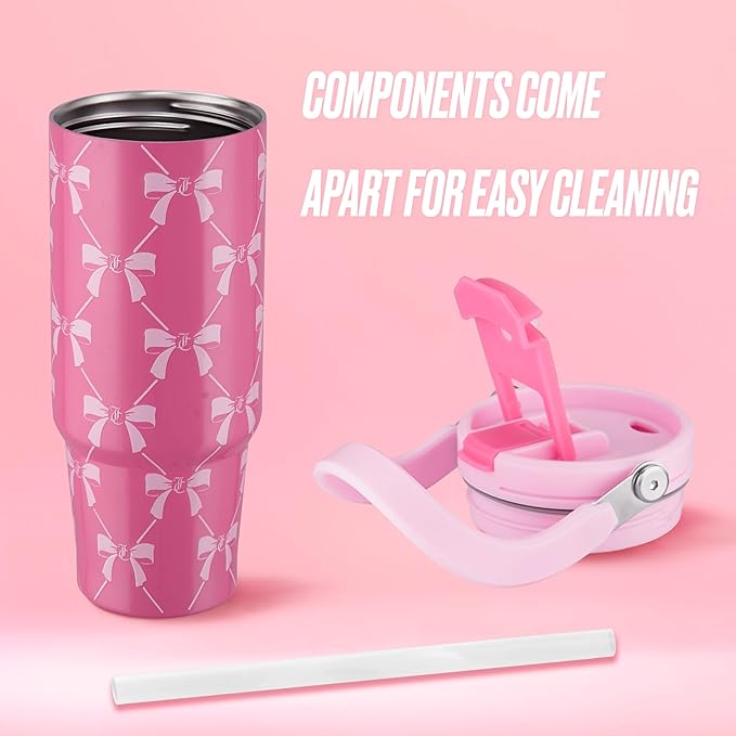 Juicy Couture Flip Fusion Hydration 40oz Stainless Steel Tumbler with Flip Handle, Pink Bows - Bloomnest