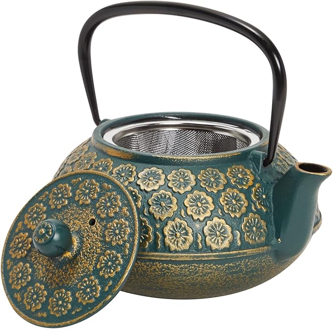 Juvale Cast Iron Tea Kettle with Infuser - 34 oz, Sage Green Floral - Loose Leaf Tea Infuser Pot & Japanese Cast Iron Teapot