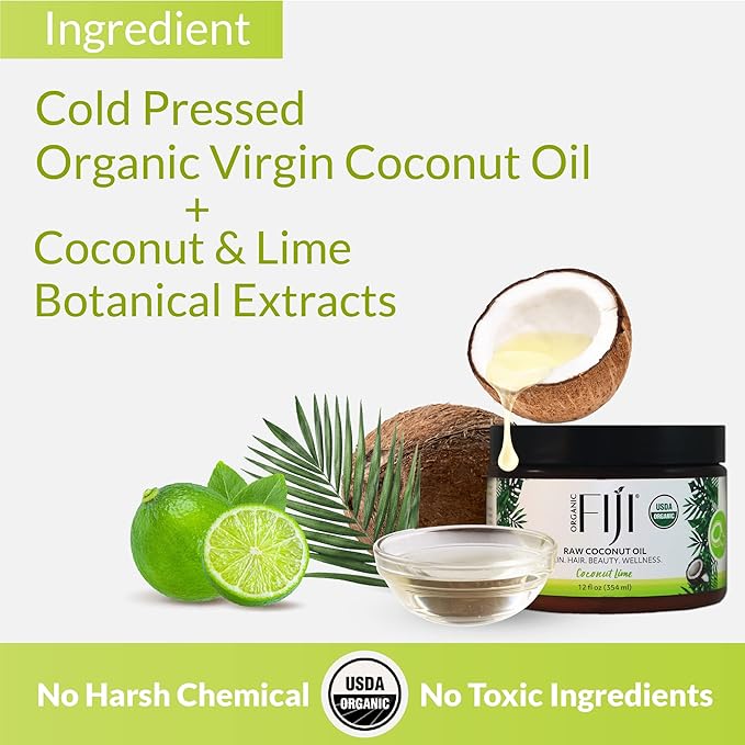 Organic Fiji Raw Cold Pressed Coconut Oil for Hair, Skin, Face & Body | Relaxing Massage Oil | Coconut Lime,12 oz for Women Men & Baby - Bloomnest