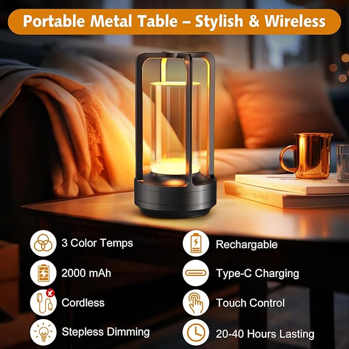 Portable Table Lamp for Outdoor Indoor: Cordless Rechargeable Desk Lamp with 3 Color Stepless Dimmable - Metal Battery Operated Small Lantern Light for Restaurant/Bedroom/Bar/Coffee Shop/Camping - Bloomnest