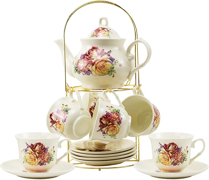 20-Pieces Porcelain Tea Sets For Women, Tea Set For Adult with Golden Metal Rack,Tea Gift Sets for Home&Party(013) - Bloomnest