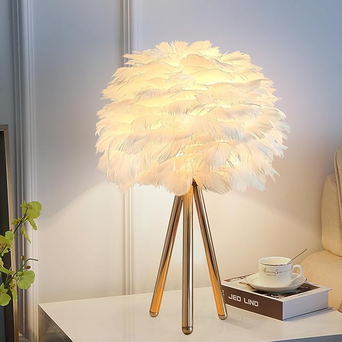 ZYLEIESENBAO White Feather Lamp Furry Table Lamp H16'' Modern Princess Feather Desk Lamp Tripod Fluffy Bedside Nightstand Light for Bedroom Wedding Atmosphere Girl Gift Living Room Retaurant Entryway - Bloomnest