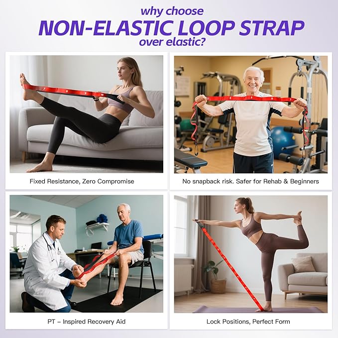 ROSAPOAR Stretching Strap with Loops - Non Elastic Yoga Straps for Physical Therapy, Durable Stretch Bands for Exercise, Flexibility Training, Hamstring & Leg Stretcher, Yoga/Pilates/Gymnastics - Bloomnest