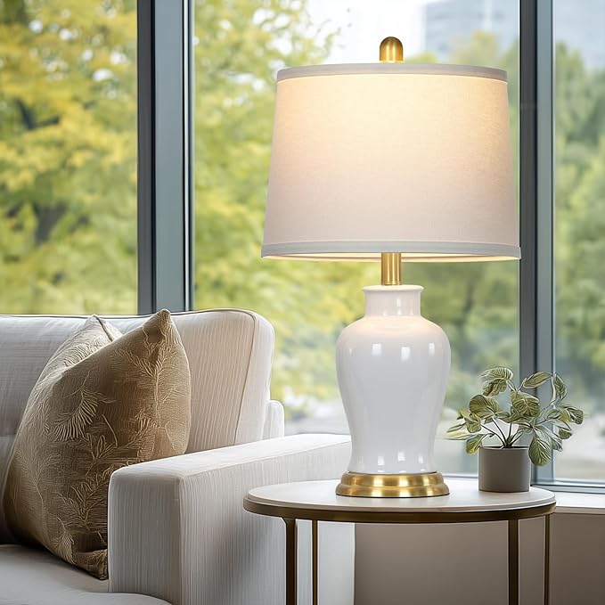 White Ceramic Table Lamps Set of 2, 23" Modern Ceramic Bedside Lamps with Ginger Jar Design, Farmhouse Lamp for Living Room End Table, Elegant Bedroom Lamp for Nightstand Desk Side Home Decor - Bloomnest