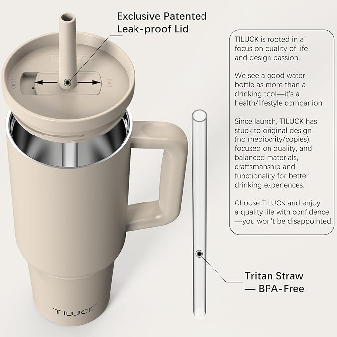 TILUCK 40 oz Tumbler with Handle, Vacuum Insulated Stainless Steel Travel Mug with 100% Leak-Proof Silicone Straw Lid, Cupholder Friendly Water Bottle(MistyGray, 40oz) - Bloomnest