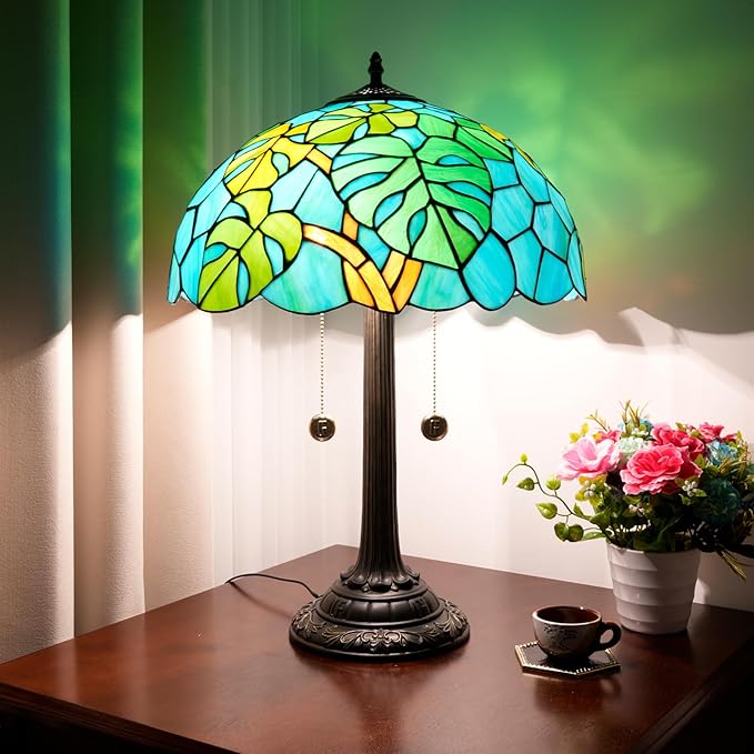 Tiffany Table Lamp Monstera Deliciosa Stained Glass Lamp Antique 16 inch Monstera Swiss Cheese Plant Handmade Large Desk Light for Home Living Room Bedroom Office - Bloomnest