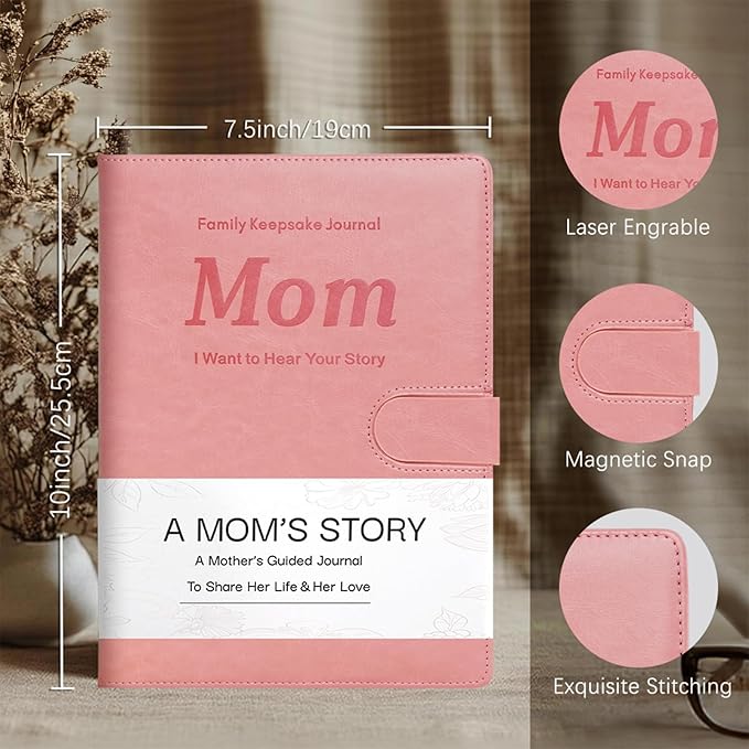 Artmag Mom's Life Story Journal with 250+ Prompt Questions, Family Keepsake Book Leather Cover for Mom to Share Her Memories for Birthday Mother's Day Christmas (Pink) - Bloomnest