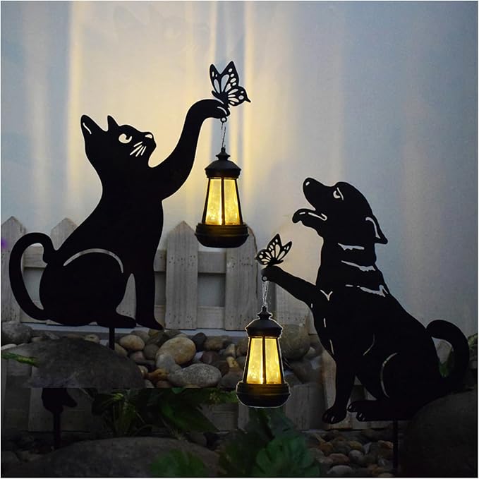 Solar-Powered Black Dog&Cat Garden Decor Stakes - Metal Silhouette Figurine for Outdoor Yard, Lawn, and Patio Decoration - Bloomnest