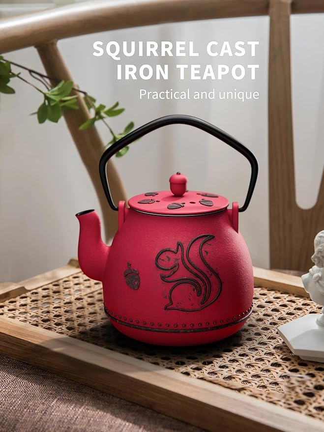 Toptier Teapot with Removable Infuser, Cast Iron Tea Kettle Stovetop Safe, Squirrel Design Tea Pot Coated with Enameled Interior for 32 Ounce (950 ml), Red - Bloomnest