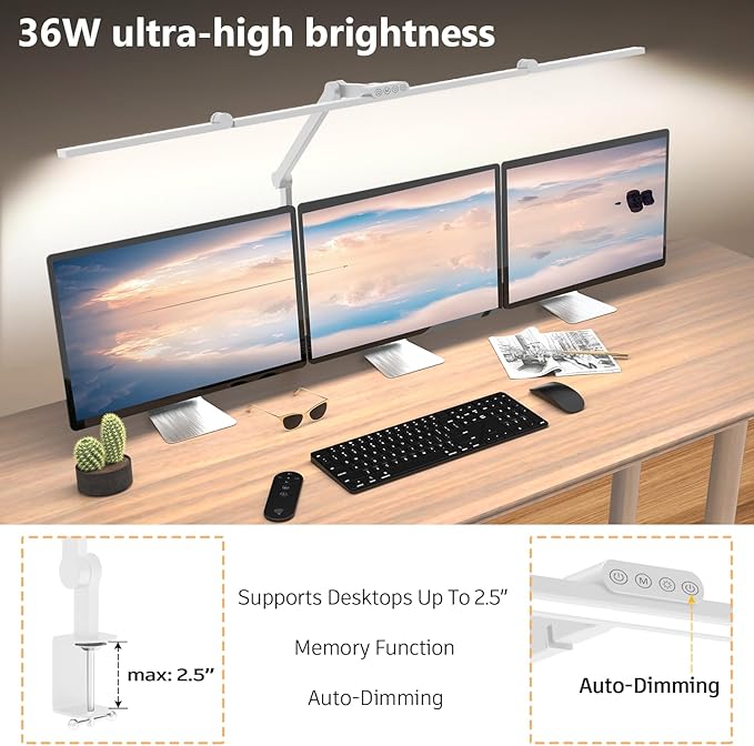 36W Ultra Bright Architect Desk Lamp with Clamp, Tall Overhead Rotatable Led Desk Light for Home Office, 47Inch Long Adjustable Monitor Light Bar with Remote for Computer Screen Desktop Table - Bloomnest