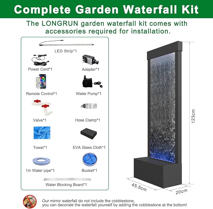 LONGRUN Mirror Waterfall Fountain Indoor Water Feature, 48" Water Features Home Decor with 7 Colors Light, Self Contained LED Water Feature Kit, Large Waterfall Fountain for Indoor - Mirrored Silver - Bloomnest