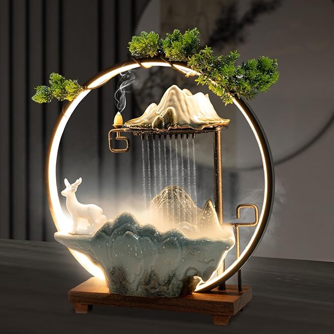 17In Water Fountains Indoor Tabletop Water Fall Humidifier W/LED Light & Atomizer Mist, Zen Decor Meditation Japanese Decor Fake Plants Feng Shui Decor Festival Birthday Gift Good Luck Wealth - Bloomnest