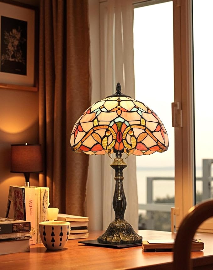 Tiffany Table Lamp, 12-inch Stained Glass Lamp for Living Room, Dining Room, Bedroom, Study Room, Office (Beige Baroque) - Bloomnest