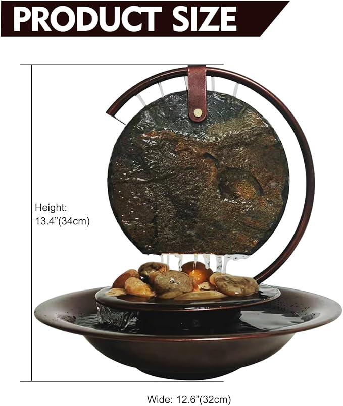Indoor Tabletop Waterfall Moon Fountain, Home Décor Soothing Rain Sound Meditation Relaxing Fountains, Nature Slate Water Feature with Light for Room Office Desktop Decoration-13 Tall