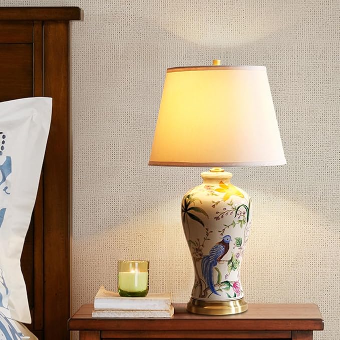 PURESILKS White Ceramics Table Lamp 25.5" Chinoiserie Lamp Flower and Bird Table Lamp American Handmade Beige Linen Drum Shade Decor for Living Room Bedroom - Bloomnest